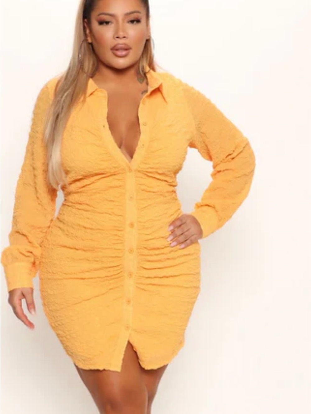 Fashion Nova Textured Button-Front Mini Dress in Bright Orange